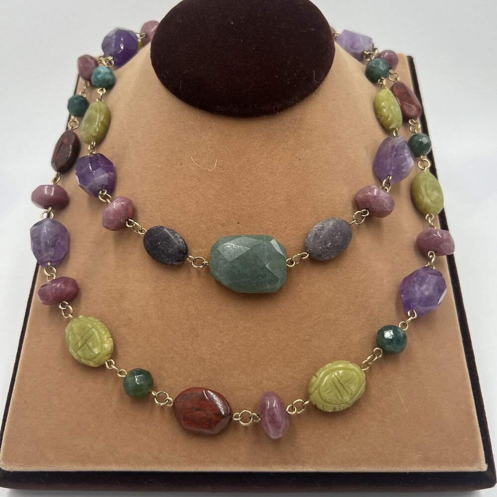 Semi Precious Necklace Jade, Amethyst, Jasper Quartz Chunky 17-22" Adjustable